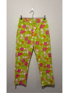 Vintage Lilly Pulitzer lime hibiscus/sandal print capri pants (size 4)